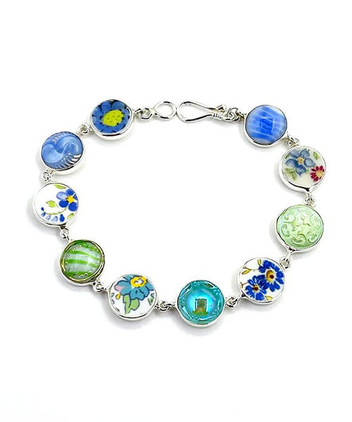 Blue & Green Floral Vintage Pottery with Glass Buttons Bracelet- 9