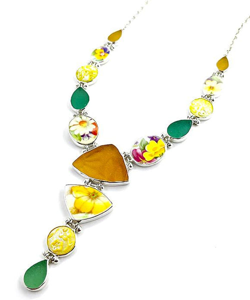 Yellow Floral Vintage Pottery with Sea Glass & Glass Buttons Y-Necklace