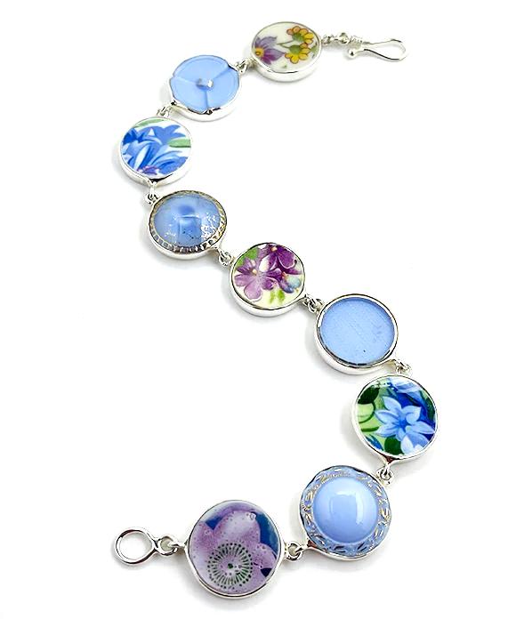 Blue & Purple Floral Vintage Pottery with Glass Buttons Bracelet- 9 1/2