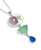 Purple Flower Vintage Pottery & Sea Glass Triple Pendant