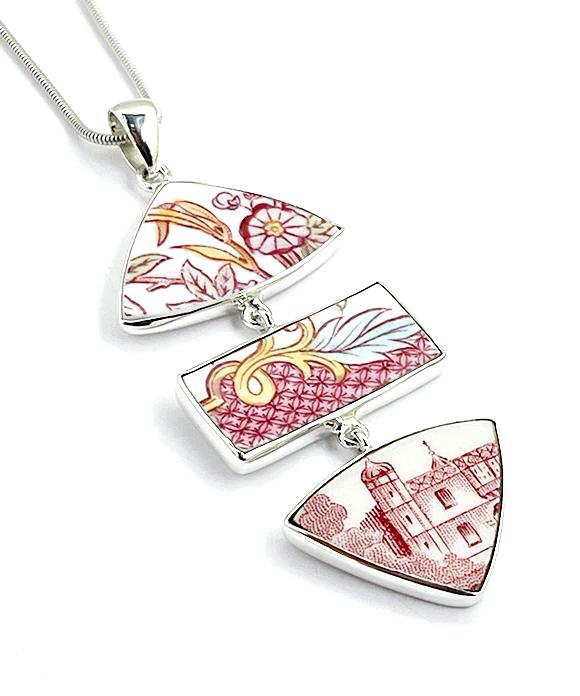 Red & White Vintage Pottery Triple Pendant