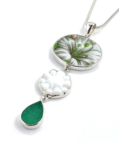Bold Green Flower Vintage Pottery, Glass Button & Sea Glass Triple Pendant