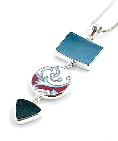 Steel Blue & Grey Sea Glass with Vintage Pottery Triple Pendant