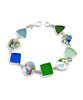 Blue Floral Vintage Pottery with Blue & Green Sea Glass Multi Shape Bracelet -8 1/2