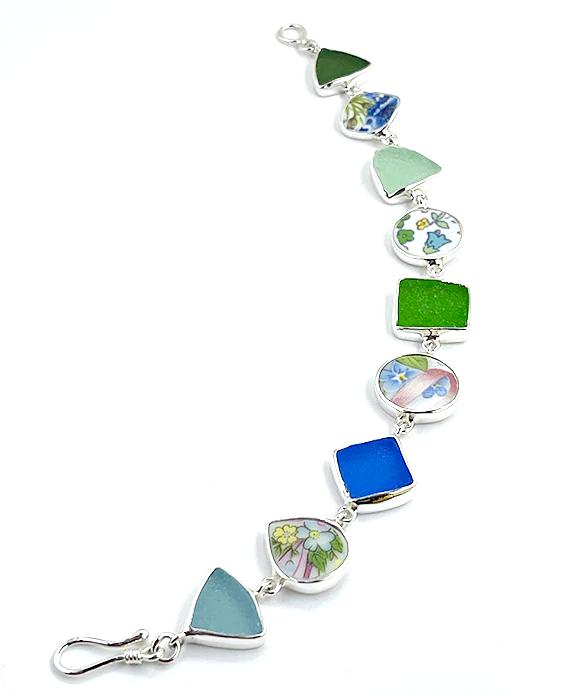 Blue Floral Vintage Pottery with Blue & Green Sea Glass Multi Shape Bracelet -8 1/2