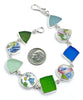 Blue Floral Vintage Pottery with Blue & Green Sea Glass Multi Shape Bracelet -8 1/2