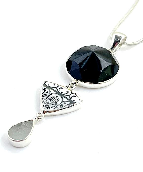 Black Glass Button, Black & White Vintage Pottery & Grey Sea Glass Triple Pendant