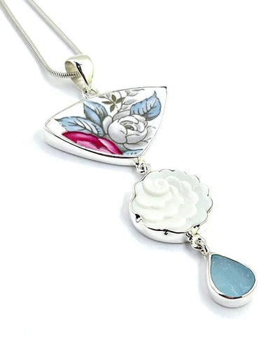 Soft Grey Flower Vintage Pottery, Glass Button & Aqua Sea Glass Triple Pendant
