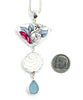 Soft Grey Flower Vintage Pottery, Glass Button & Aqua Sea Glass Triple Pendant