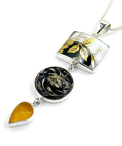 Gold Leaf Vintage Pottery, Glass Button & Amber Sea Glass Triple Pendant