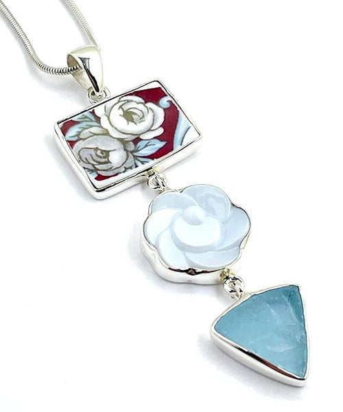 Grey Flowers Vintage Pottery, Glass Button & Aqua Sea Glass Triple Pendant