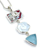 Grey Flowers Vintage Pottery, Glass Button & Aqua Sea Glass Triple Pendant