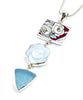 Grey Flowers Vintage Pottery, Glass Button & Aqua Sea Glass Triple Pendant