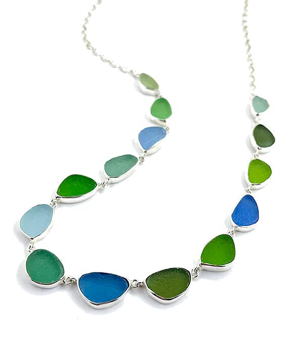 Bright Greens, Aqua & Teal Blue Sea Glass 14 Piece Necklace