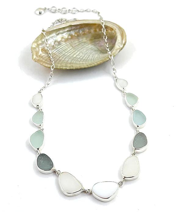 White, Clear, Grey & Aqua Sea Glass 11 Piece Necklace