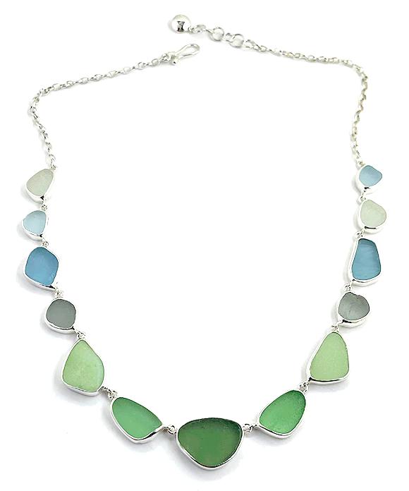 Green, Jadeite, Grey, Aqua & Clear Sea Glass 13 Piece Necklace