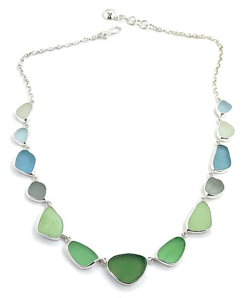 Green, Jadeite, Grey, Aqua & Clear Sea Glass 13 Piece Necklace