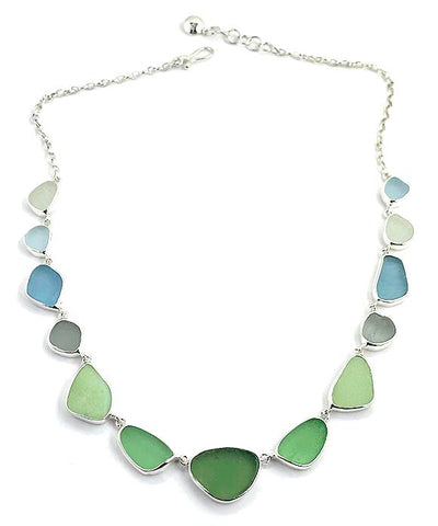 Green, Jadeite, Grey, Aqua & Clear Sea Glass 13 Piece Necklace
