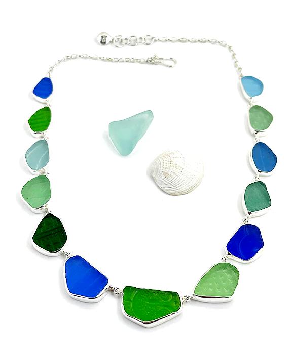 Textured Green, Cobalt and Aqua Sea Glass 13 Piece Necklace