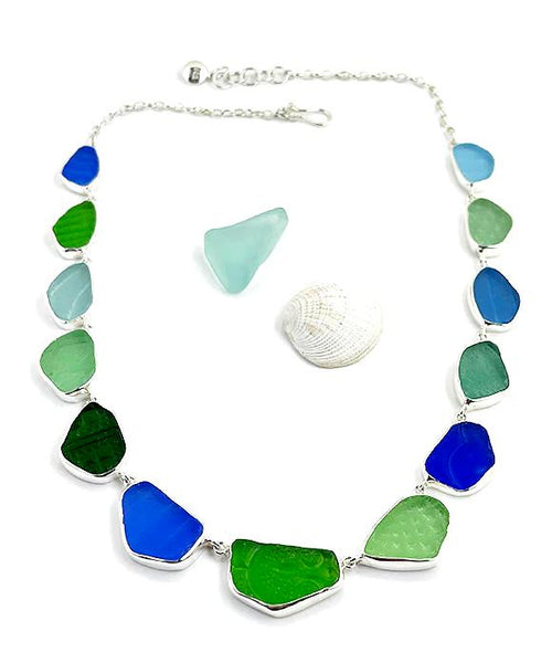 Textured Green, Cobalt and Aqua Sea Glass 13 Piece Necklace
