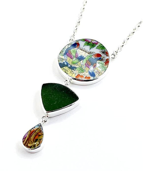 Colorful Birds Vintage Pottery with Olive Sea Glass Triple Necklace