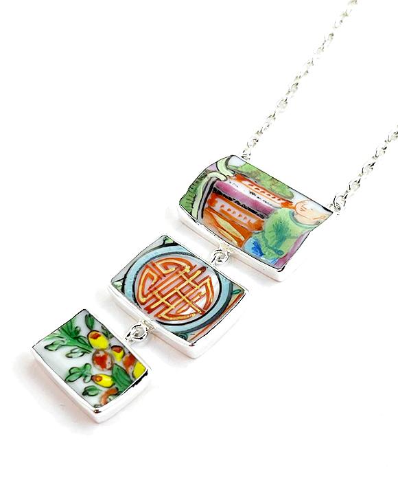 Asian Inspired Vintage Pottery Triple Necklace