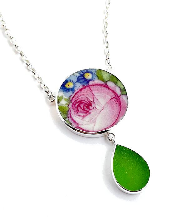 Pink Peony & Blue Flower Vintage Pottery with Green Sea Glass Double Drop Necklace