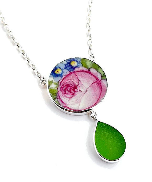 Pink Peony & Blue Flower Vintage Pottery with Green Sea Glass Double Drop Necklace