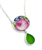 Pink Peony & Blue Flower Vintage Pottery with Green Sea Glass Double Drop Necklace