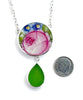 Pink Peony & Blue Flower Vintage Pottery with Green Sea Glass Double Drop Necklace