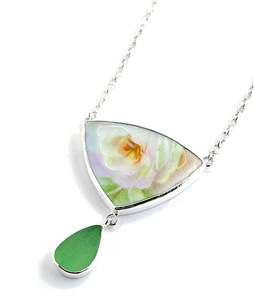 Romantic Floral Vintage Pottery with Green Sea Glass Double Drop Necklace