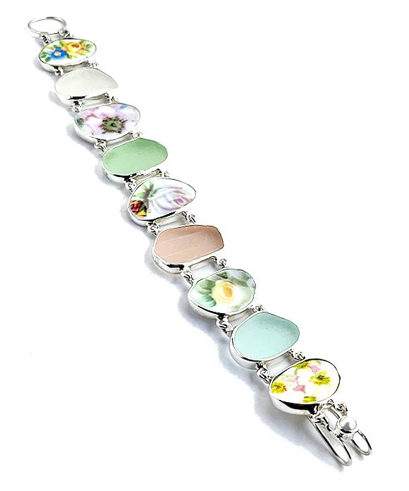 Pastel Flowers Vintage Pottery and Sea Glass Double Link Rectangle Bracelet - 8 1/2
