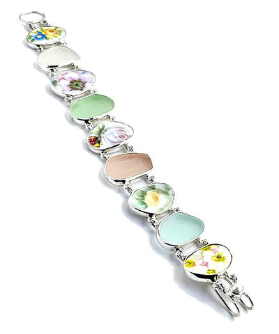 Pastel Flowers Vintage Pottery and Sea Glass Double Link Rectangle Bracelet - 8 1/2
