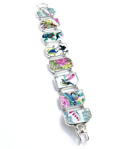 Geisha and Birds Vintage Pottery Double Link Shard Bracelet - 8 1/2