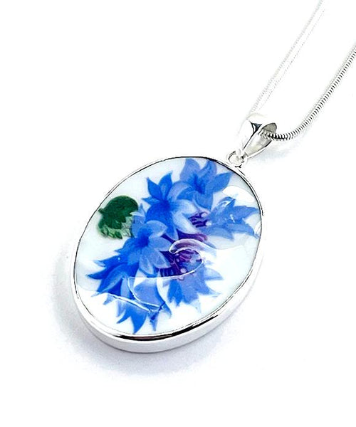 Blue & Purple Flowers Simple Pendant on Silver Chain