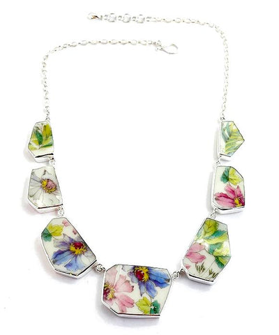 Various Leafy Floral Vintage Pottery 7 Piece Shard Necklace