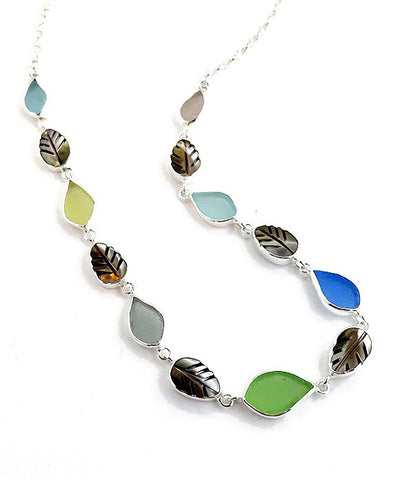 Soft Earth Tone & Blue Sea Glass with Carved Shell Leaves 13 Piece Necklace