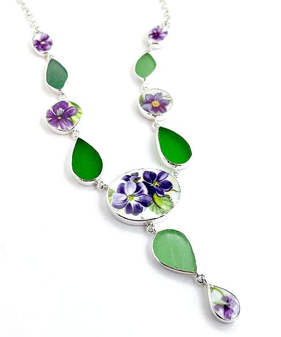 Purple Floral Vintage Pottery & Green Sea Glass 11 Piece Y-Necklace
