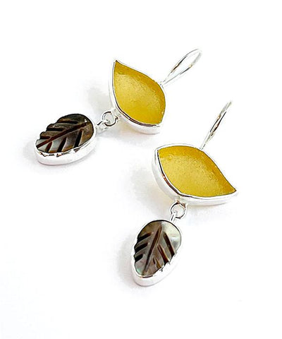 Amber Sea Glass with Shell Leaf Earrings Double Drop Earrings
