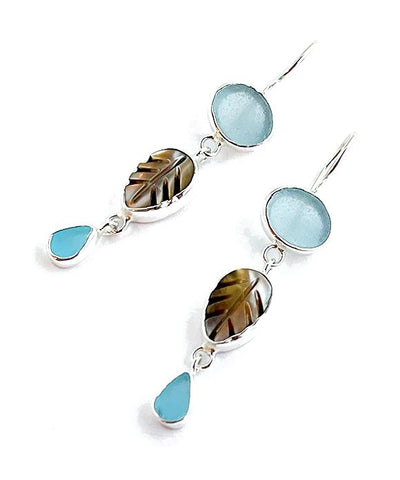 Soft Blue & Aqua Sea Glass with Shell Leaf Triple Drop Earrings