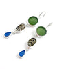 Olive & Blue Sea Glass with Shell Leaf Triple Drop Earrings