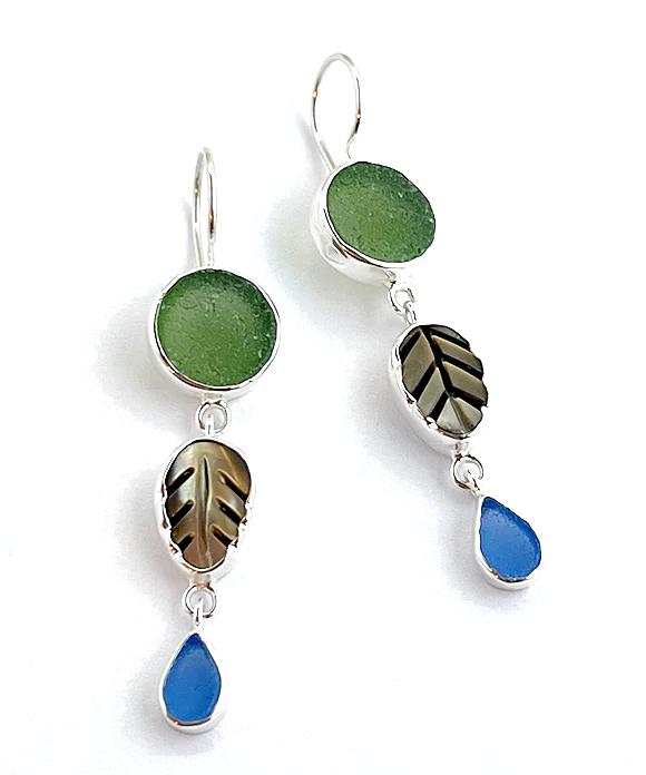 Olive & Blue Sea Glass with Shell Leaf Triple Drop Earrings