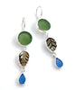Olive & Blue Sea Glass with Shell Leaf Triple Drop Earrings