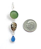 Olive & Blue Sea Glass with Shell Leaf Triple Drop Earrings