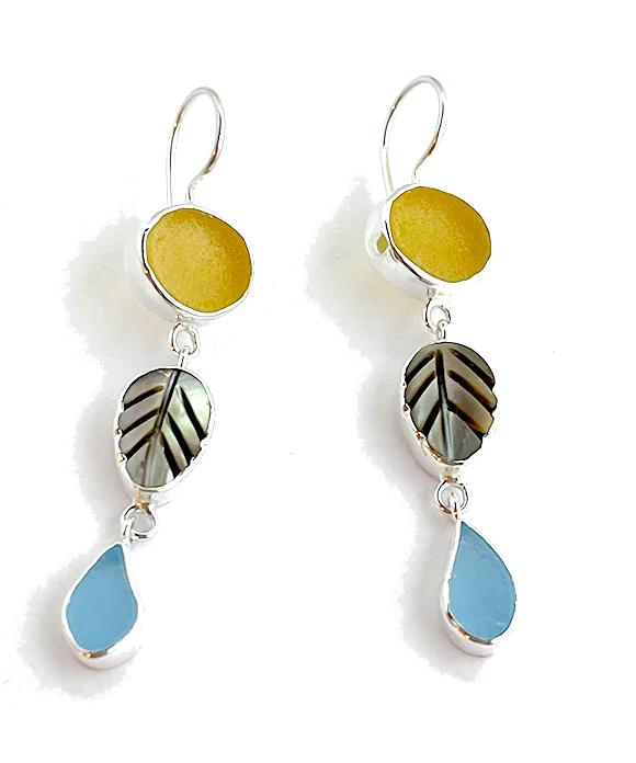 Amber & Aqua Sea Glass with Shell Leaf Triple Drop Earrings