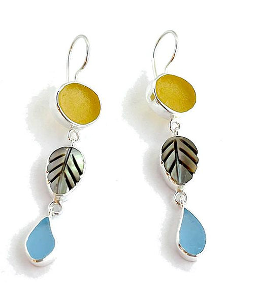 Amber & Aqua Sea Glass with Shell Leaf Triple Drop Earrings