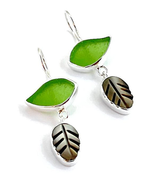 Green Sea Glass with Shell Leaf Earrings Double Drop Earrings