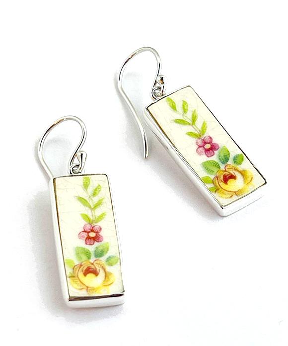 Delicate Flower Vintage Pottery Long Rectangle Single Drop Earrings