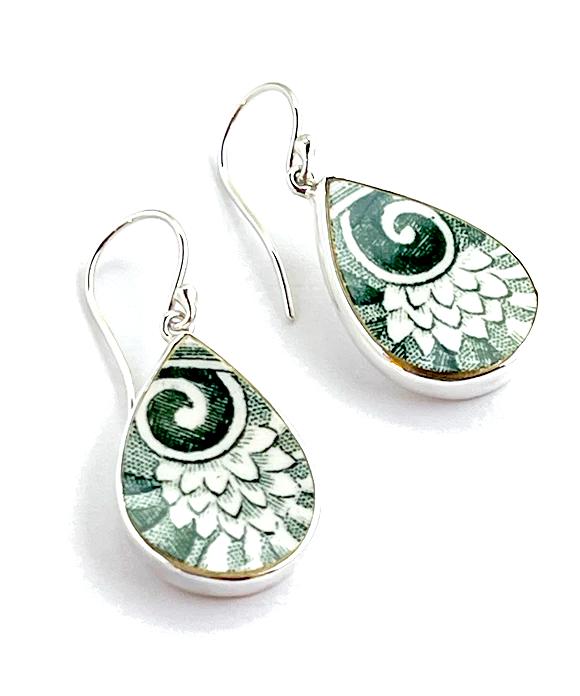 Green on White Patterned Vintage Pottery Single Drop Teardrop Earrings