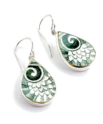 Green on White Patterned Vintage Pottery Single Drop Teardrop Earrings